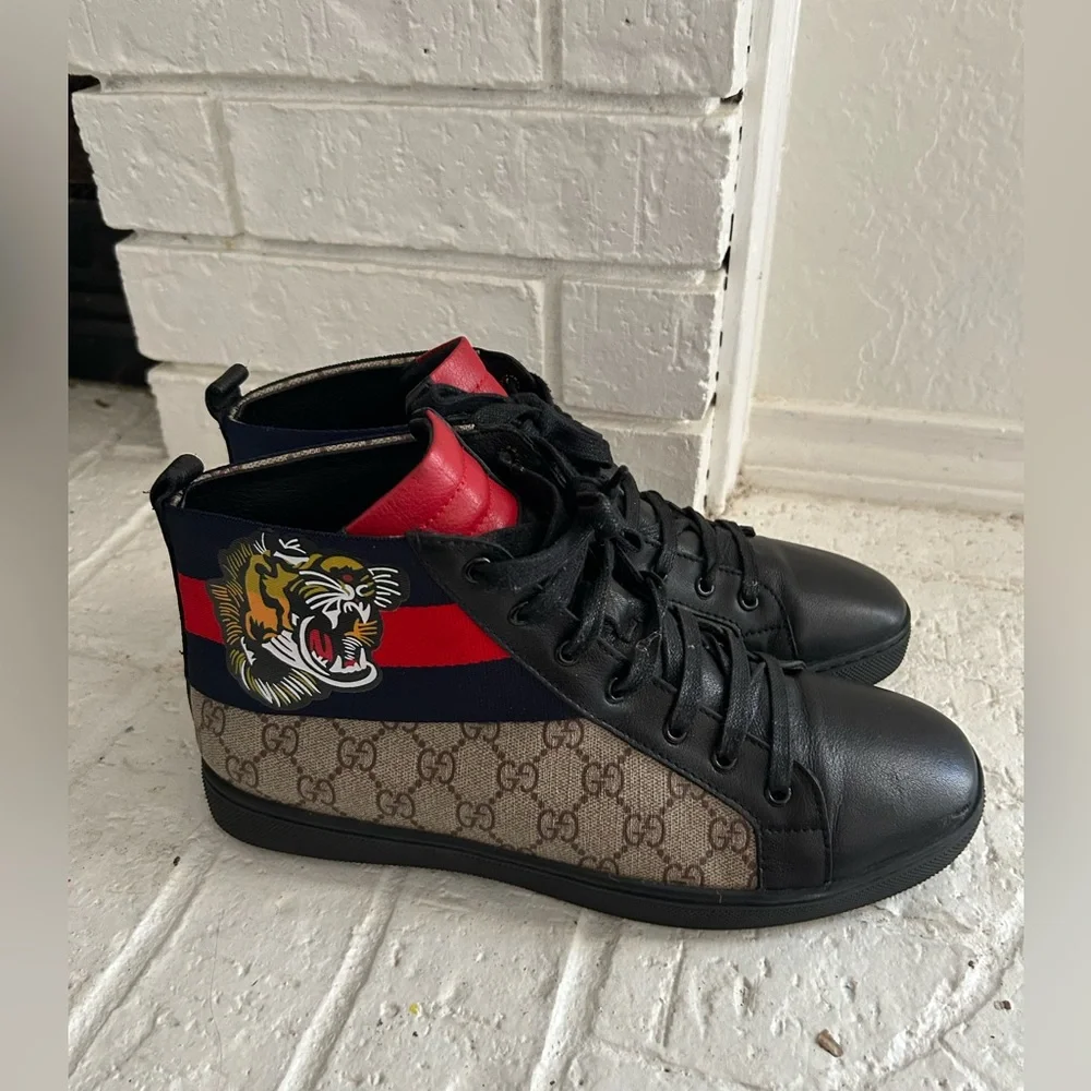 Gucci Black and Red High-Top Sneakers with GG Tiger Detail